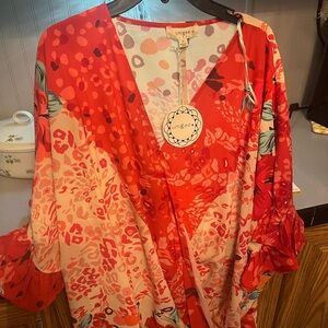 Umgee Red and Pink Floral V-Neck blouse